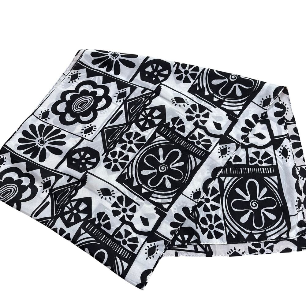 Vintage Korea Silk Scarf Art to Wear Black & white mod 60s 70s floral print